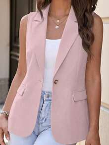 Elenzga Plus Size Women Thin Button Casual Minimalist Vest Jacket - Pink - View 6