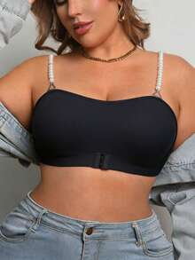 SHEIN Plus Size Black Wireless Bra, Front Closure, Pearl Strap, 1 Piece - Black - View 6