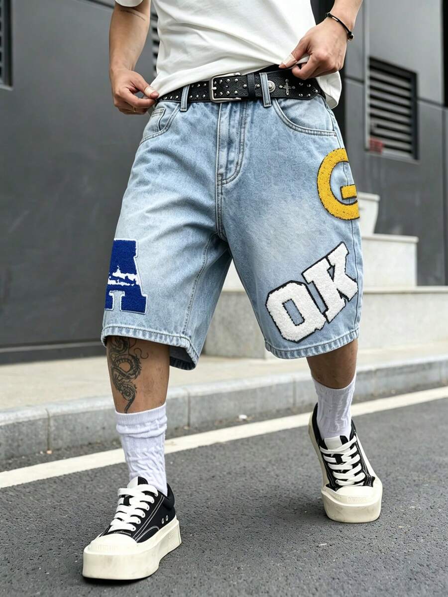 Manfinity EMRG Men's Light Wash Distressed Letter Flocking Denim Shorts, Holiday - Blue - View 1