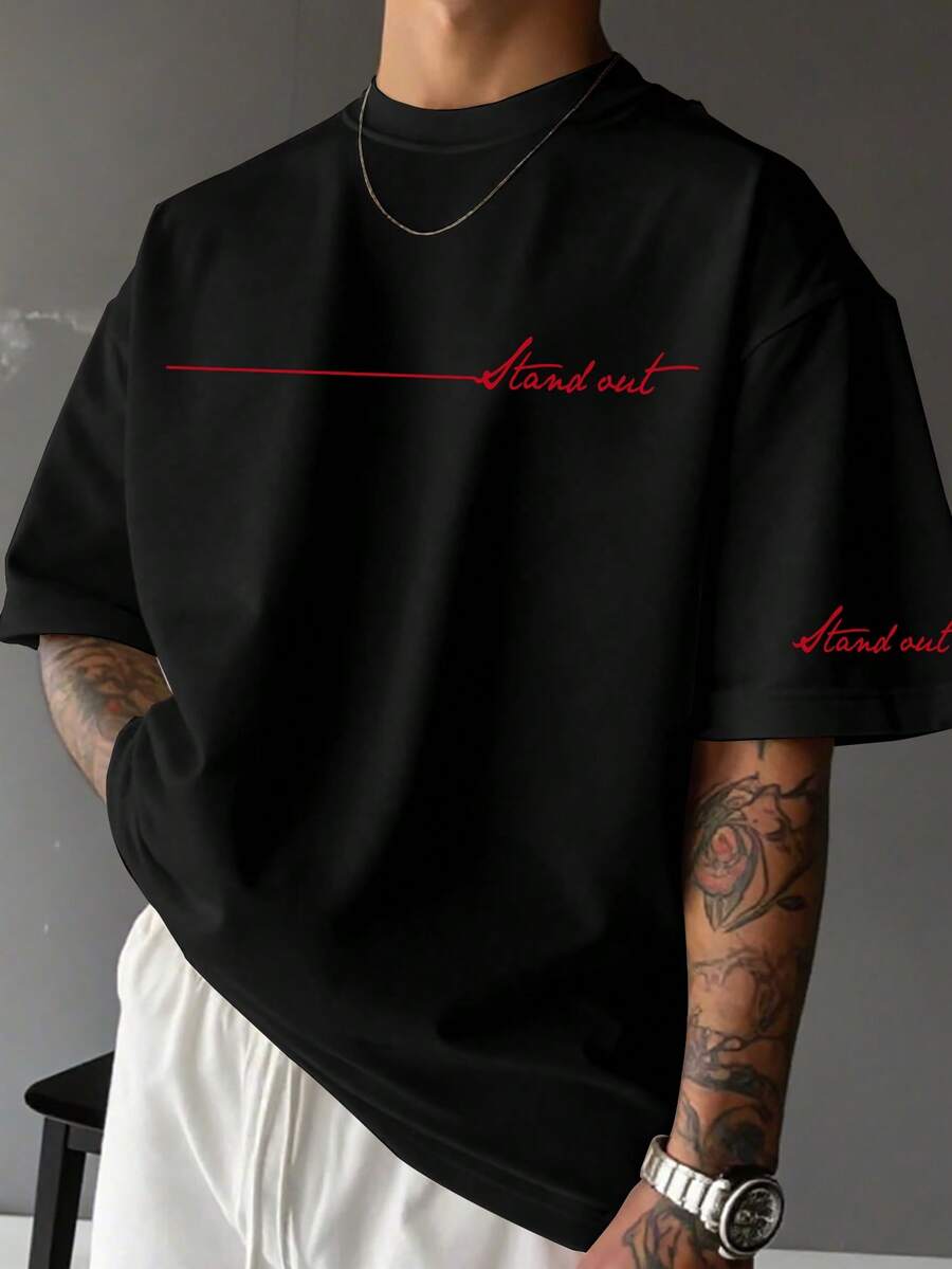 Manfinity EMRG Men's Casual Letter Print Round Neck Short Sleeve T-Shirt, Summer, Holiday - Black - View 1