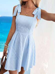 Sylviya Women's Casual Cute Plaid Knot Shoulder Summer Vacation Dress Vacation Blue And White - Baby Blue - View 6