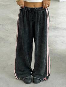 Muchica Women's Drawstring Waist Side Striped Wide Leg Loose Casual Pants - Dark Grey - View 1