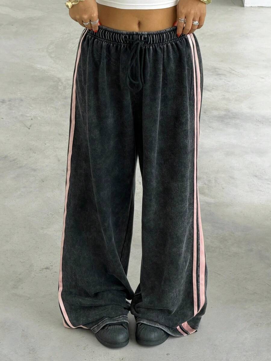 Muchica Women's Drawstring Waist Side Striped Wide Leg Loose Casual Pants - Dark Grey - View 1