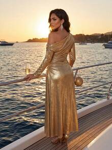 SHEIN Lady Đầm dự tiệc thanh lịch dành cho nữ, cổ áo bất đối xứng ánh kim. - Vàng - Xem 5