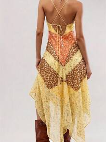 Easelle Bohemian Music Festival Spaghetti Strap Waist Cinched Floral Patchwork Asymmetric Hem Backless Dress For Women - Multicolor - View 2