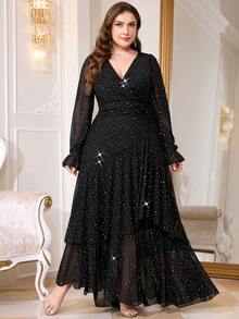 Reflora Vestido con volantes y pliegues con aplicaciones de diamante de imitación para mujer de talla grande, adecuado para boda en la playa - Negro - Ver 6