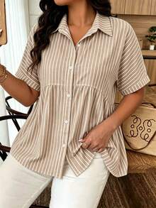 Lounesse Plus Size Women Striped Short Sleeve Single-Breasted Ruffle Hem Blouse - Multicolor - View 7