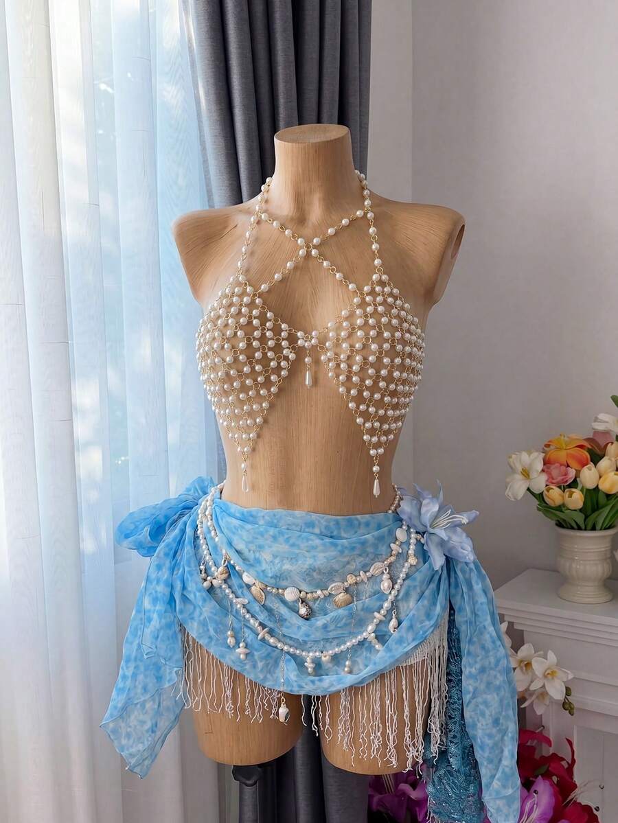 Bellisia 女款海灘音樂節度假派對金屬編織鏈條 & 仿珍珠比基尼罩衫 - 金色 - 查看 1
