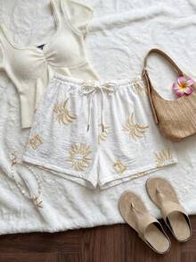 Comfortcana Plus Size Women Summer Casual Drawstring Waist Embroidered Shorts - White - View 4