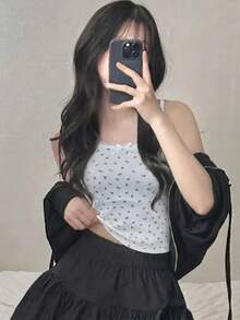 DAZY 女款花卉蕾絲細肩帶背心搭配網眼裝飾圖案T恤 夏季款 - 白色 - 查看 3