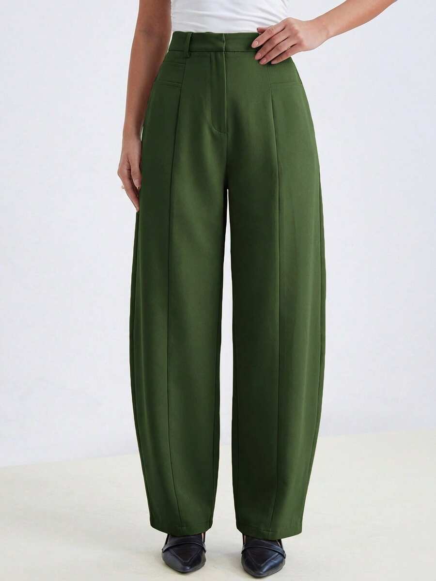 Aveloria Modichic High-Waisted Loose Straight-Leg Trousers Olive Green Summer Business Casual Elegant Office Essential Tailored Polyester Blend Suit Pants Side Pockets - Green - View 1