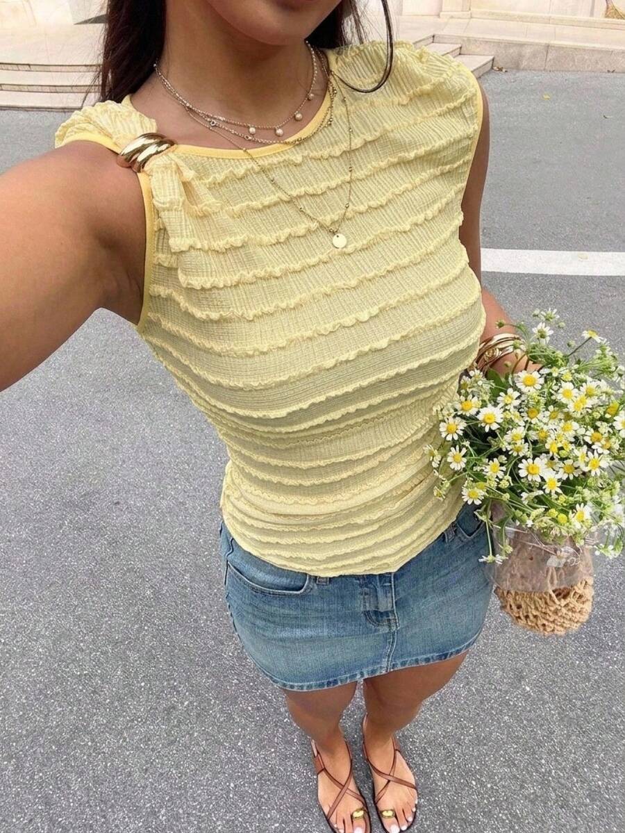 Serisse Frenchy Women's Pale Yellow Summer Elegant Cute Brunch Tank Top,Asymmetric Neck Metal Ring Detail Lettuce Trim Ruched Textured Sleeveless Camisole - Yellow - View 1