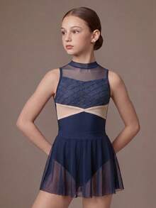 SHEIN Tween Girls' Ballet Leotard Dress With Attached Skirt, Navy Blue, High Mock Neck With Mesh Upper Chest, Scale-Pattern Bodice, Mesh Skirt, Solid, Knit - Navy Blue - View 3