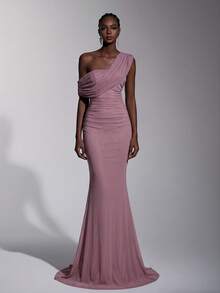 Elitara 2025 New Elegant Mesh One Shoulder Ruched Fitted Maxi Dress, Suitable For Weddings, Formal Events, Bridesmaid Dresses - Dusty Pink - View 7
