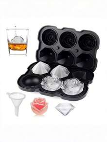 SHEIN 1 Set Silicone Easy Release Ice Cube Tray With Lid, Makes 2-Inch Rose & Diamond Shaped Ice Cubes, Includes Small Funnel, Ice Mold Maker, Juice Drink Decor, Suitable For Bar, Cafe, Restaurant, Home Kitchen, Wedding Party, Summer Beverages - Black - View 4