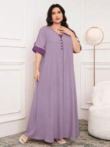 Al Najma Plus Size Women V-Neck Contrast Color Elegant Arabic Style Dress - Purple - View 6
