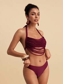Travachic Conjunto de bikini sexy de verano para playa con cuello halter y lazo para mujer - Rojo - Ver 5