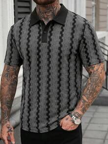 Manfinity CasualCool 男士撞色 Polo 衫，复古几何提花休闲上衣 - 深灰色 - 查看 4
