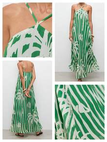 Maija Đầm sọc cây cọ xanh cho nữ, đầm chiffon không tay xếp ly xòe rộng dáng suông đi biển. - màu xanh lá - Xem 5