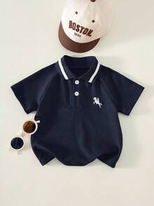 SHEIN Áo polo tay ngắn màu đỏ chất liệu pique, kiểu dáng thường ngày, đa năng, thích hợp cho bé trai, mùa xuân/hè. - Màu xanh hải quân - Xem 4