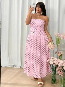 GalTyme Plus Size Women Polka Dot Ruched Bandeau Casual Party Dress - Pink - View 4
