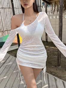 DAZY 女款夏季不對稱單肩抓皺綁帶沙灘罩衫，性感透視泳裝披肩長袖上衣 - 白色 - 查看 1