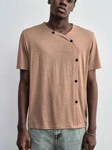 ROMWE MEN Street Life Men's Solid Color Casual Versatile Daily Wear Short Sleeve T-Shirt - Brown - View 4