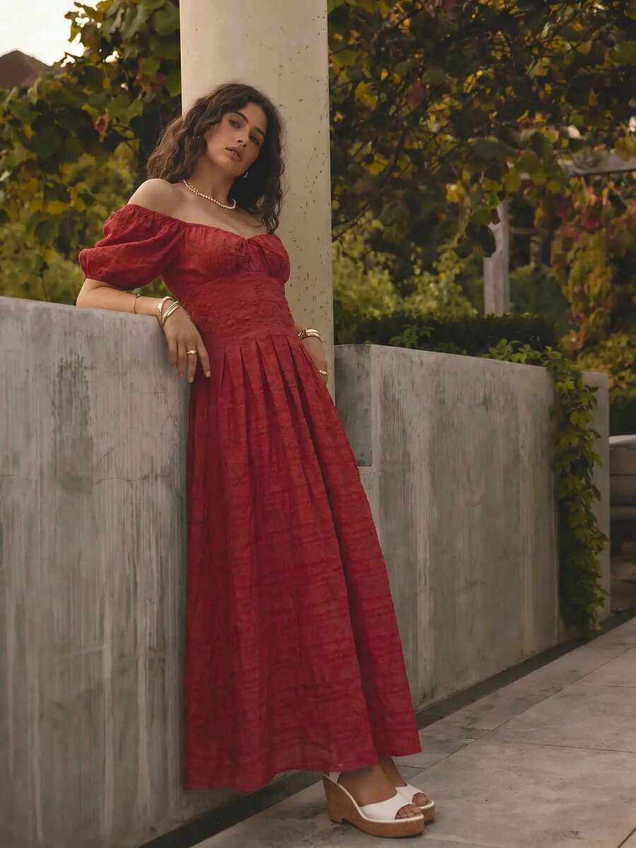 Aralina 夏季花瓣袖V领度假长裙 - 紅色 - 查看 1