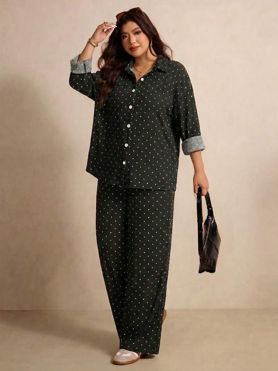 SHEIN Essnce 波点休闲宽松开衫和裤子两件套,加大码 - 彩色 - 查看 1