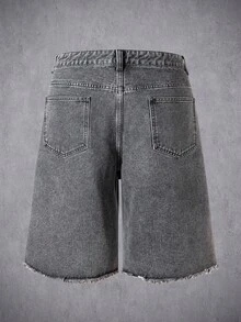 Manfinity Denimwave 2026新款復古街頭風破洞灰色黑色不對稱水鑽水洗毛邊休閒牛仔男短褲 適合電音節夏季度假 - 灰色 - 查看 2