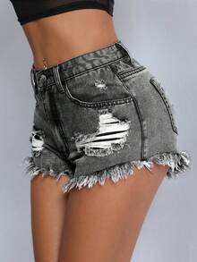 SHEIN PETITE Ladies" Casual Denim Shorts With Frayed Hem, Ripped Detail And Pockets - Light Grey - View 1