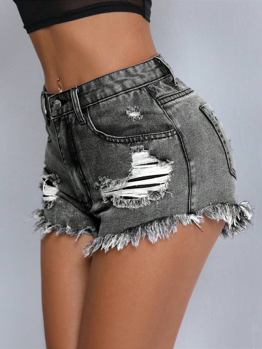 SHEIN PETITE Ladies" Casual Denim Shorts With Frayed Hem, Ripped Detail And Pockets - Light Grey - View 1