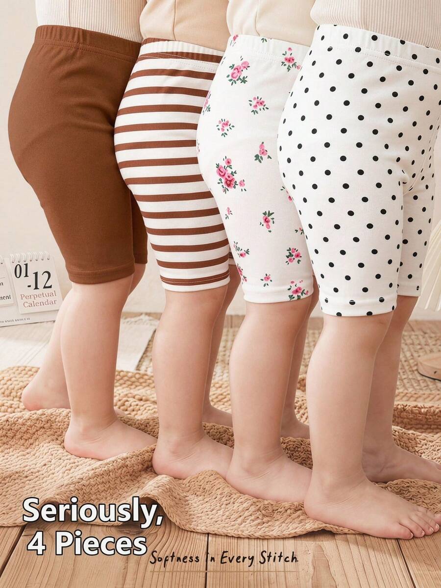 Cozy Pixies 4件組幼女可愛復古圓點、花卉、條紋印花彈性腰純色內搭褲,舒適適合春夏室內外穿著,可愛夏季童裝,出遊必備,Y2K、日系可愛、派對、日常、度假、舒適、2026夏季、鄉村風、週末休閒、拍照穿搭 - 棕色 - 查看 1