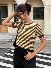 Serisse Women's Striped Crew Neck Short Sleeve Casual Knit Top - Multicolor - View 4