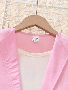 SHEIN 2件套少女无袖背心外套配蝴蝶结腰带和短裤休闲时尚套装，姐妹装（2套单独出售） - 粉色 - 查看 3
