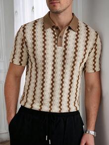 Core Aspect Men's Colorblock Polo Shirt, Vintage Geometric Jacquard Casual Top/Men's Casual Commuting Color Block Short Sleeve Polo Shirt - Khaki - View 3