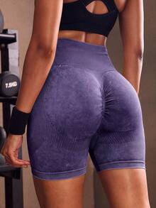 Powerista Solid Color High Seamless Comfortable Breathable Summer Fitness ShortsFor Daily Fitness & Gym, Everyday Wear For Daily Fitness & Gym, Everyday Wear Casual Airport Back To School Winter Elegant Spring Summer Running Yoga Pitalles Indoor Outdoor Activie Casual Capsule Wardrobe Everyday Oversized Tee Airport Back To School Winter Elegant Summer All Season Pink Purple - Purple - View 3