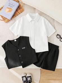 SHEIN 3件套/组 男童/女童休闲韩版侧袋无袖背心、条纹短袖T恤和短裤三件套，适合开学第一天、校服、圆领卫衣、学生服装、男童套装、幼儿男童服装、返校套装、男童套装，适合日常穿着、上学、外出、运动、春夏穿着。 - 彩色 - 查看 8