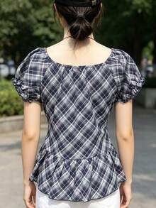 DAZY 女款格紋圓領休閒短袖上衣 夏季可愛上衣 校園風 - 藍色 - 查看 7