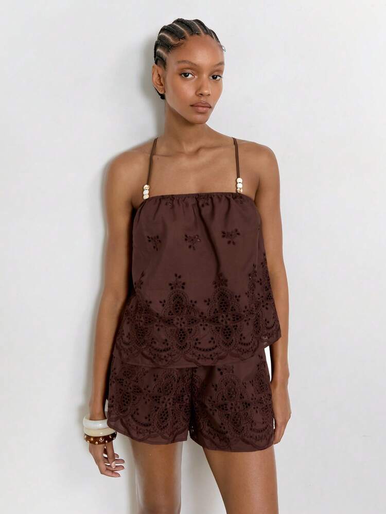 SHEIN Maija Women's Hollow Out Embroidery Camisole And Shorts Casual 2 Pieces Set,Going Out Ouutfits,Summer Holiday Outfits