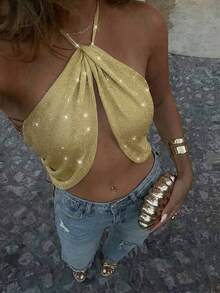 Firerie Women's Shiny Cropped Sexy Halter Neck Knit Top - Gold - View 3