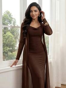 SHEIN Lady Bộ đồ vest đen dài tay & váy cổ chữ V thanh lịch 2 món cho mọi mùa - Màu nâu  Mocha - Xem 6