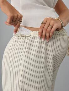 Momance Quần ống rộng sọc dọc màu kem phong cách casual, cạp chun dây rút, hiệu ứng rủ tôn dáng, dễ phối đồ mặc hàng ngày và đi làm - Nhiều màu - Xem 6