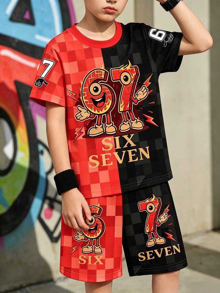 一套男童夏季黑红撞色67卡通火焰印花套装,包含一件红黑棋盘格图案短袖T恤和一条短裤,两件套,酷炫时尚,展现街头运动风,休闲舒适,适合校园旅行等多种场合,欧美数码印花设计。孩子们穿上它瞬间就能变身,日常吸睛的穿搭设计,无论是上学还是玩耍都非常时尚,适合校园、运动等各种场合。 - 彩色 - 查看 1