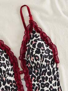 Bonvoyette Brown Polka Dot Random Print Deep V Spaghetti Strap Round Bead Trim Ruffled Mesh Edge Casual Cute Beach Bikini One-Piece Swimsuit For Women, Spring/Summer - Multicolor - View 5