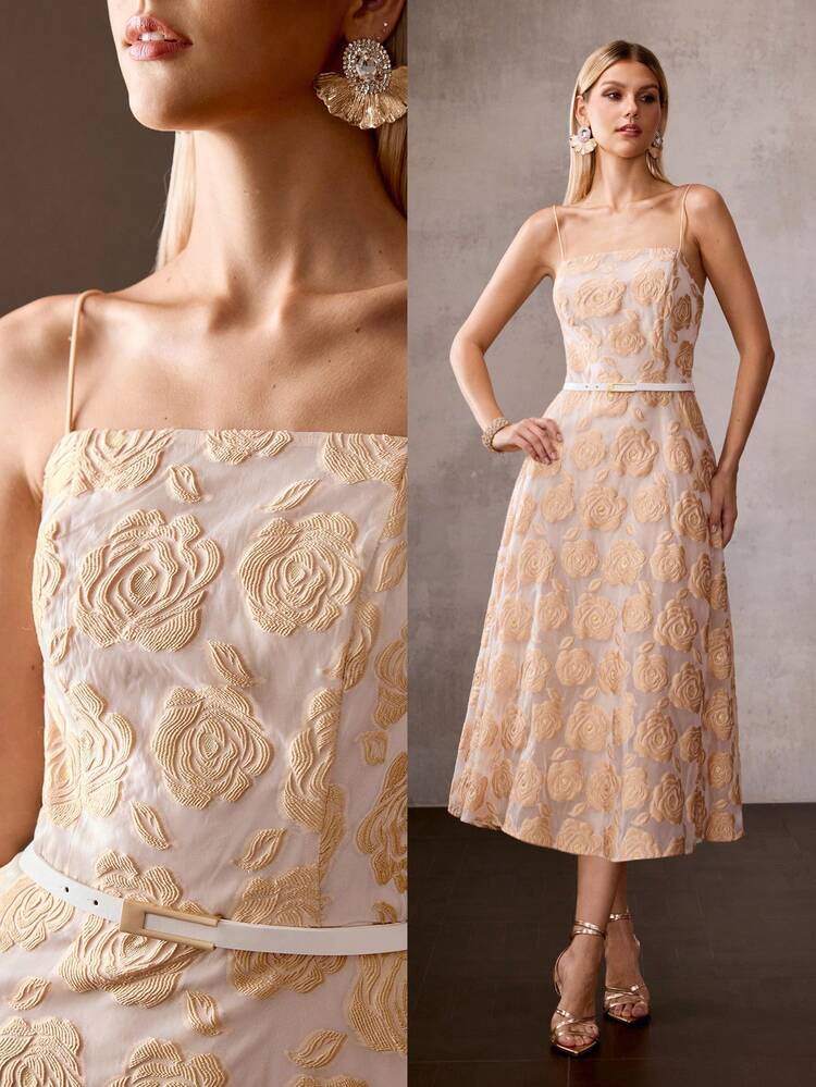 NICHE DESIGN EMBROIDERED ROSE ELEGANT FASHIONABLE SOPHISTICATED GRACEFUL CINCHED WAIST LUXURIOUS MIDI DRESS FOR WOMEN