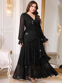 Reflora Vestido con volantes y pliegues con aplicaciones de diamante de imitación para mujer de talla grande, adecuado para boda en la playa - Negro - Ver 5