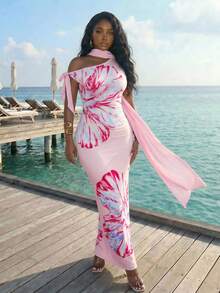 Slaydiva Nuevo estilo de verano, perfecto para fiestas de cumpleaños, regreso a la escuela, preppy, ropa de estudiante, salidas diarias, básico y versátil, casual, vacaciones, viajes en crucero, playa, , tomar el sol, estilo en línea, estilo callejero, chica sexy milenial Y2K, vestido de malla con lazo de un hombro, estampado floral grande, bloqueo de color macaron, vestido largo ajustado - A - Rosa - Ver 4