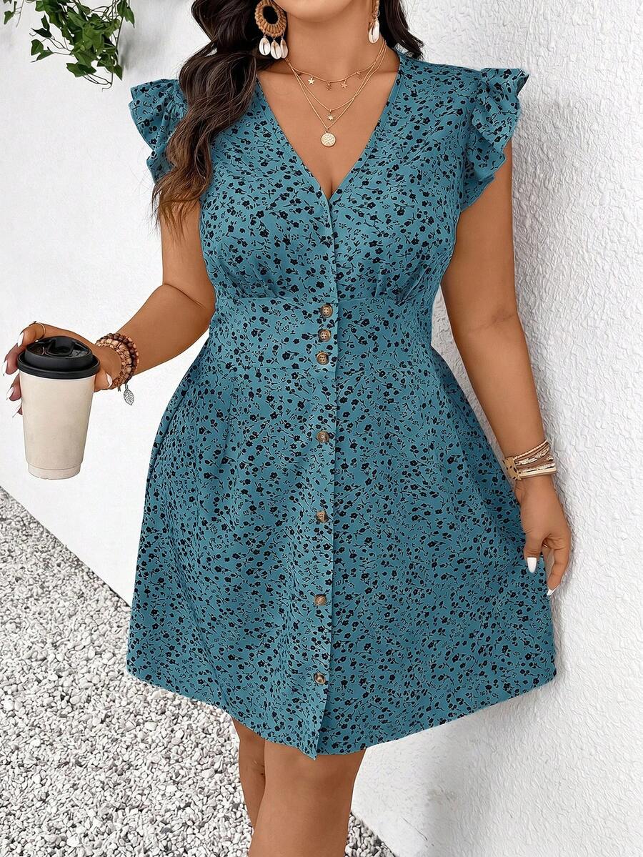 SHEIN Frenchy 大尺碼女款碎花單排扣迷你短袖洋裝 - Blue Day - 查看 1