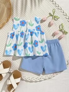 SHEIN Playful Pals Babygirl A 兩件式夏季圓領無袖上衣與紅色短褲套裝。清新紅白配色對比，梭織面料，寬鬆版型。風格甜美、優雅且田園風，滿版印櫻桃圖案，活潑可愛。適合日常出遊、上學通勤、參加派對、生日派對、度假旅行 - 淺藍色 - 查看 2